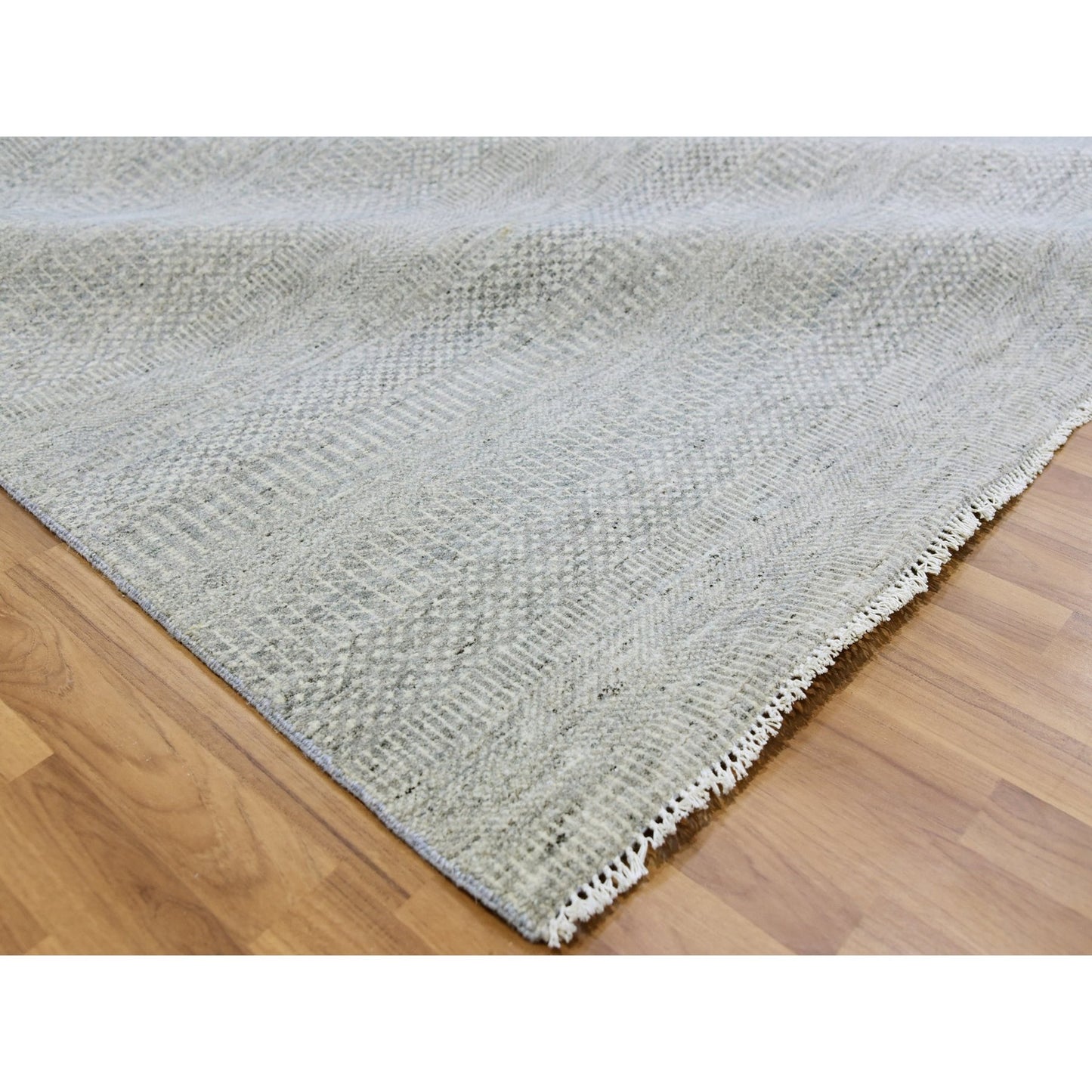 Rug 10'x10' Gray Undyed 100% Wool Modern Grass Design Hand Knotted Square