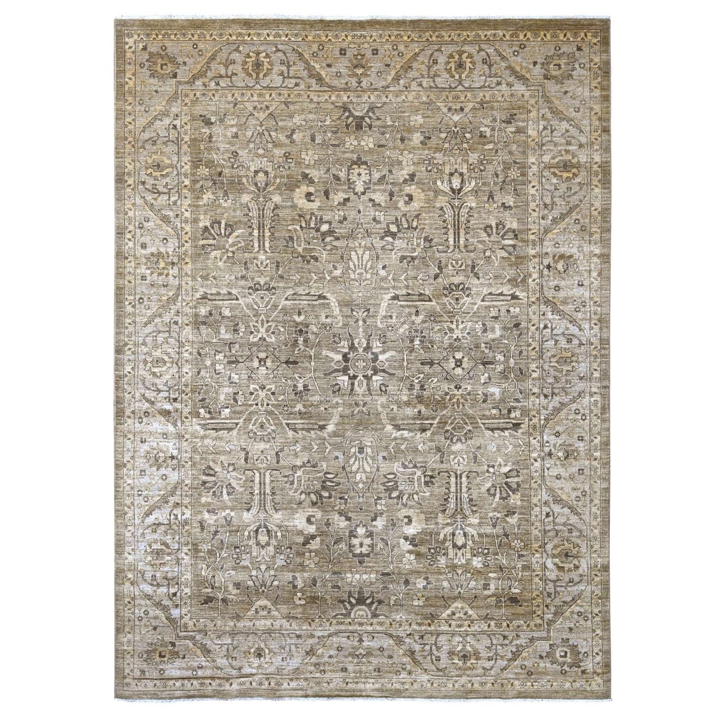 9'x12' Brown Peshawar with Heris All Over Design Wool Hand Knotted Rug