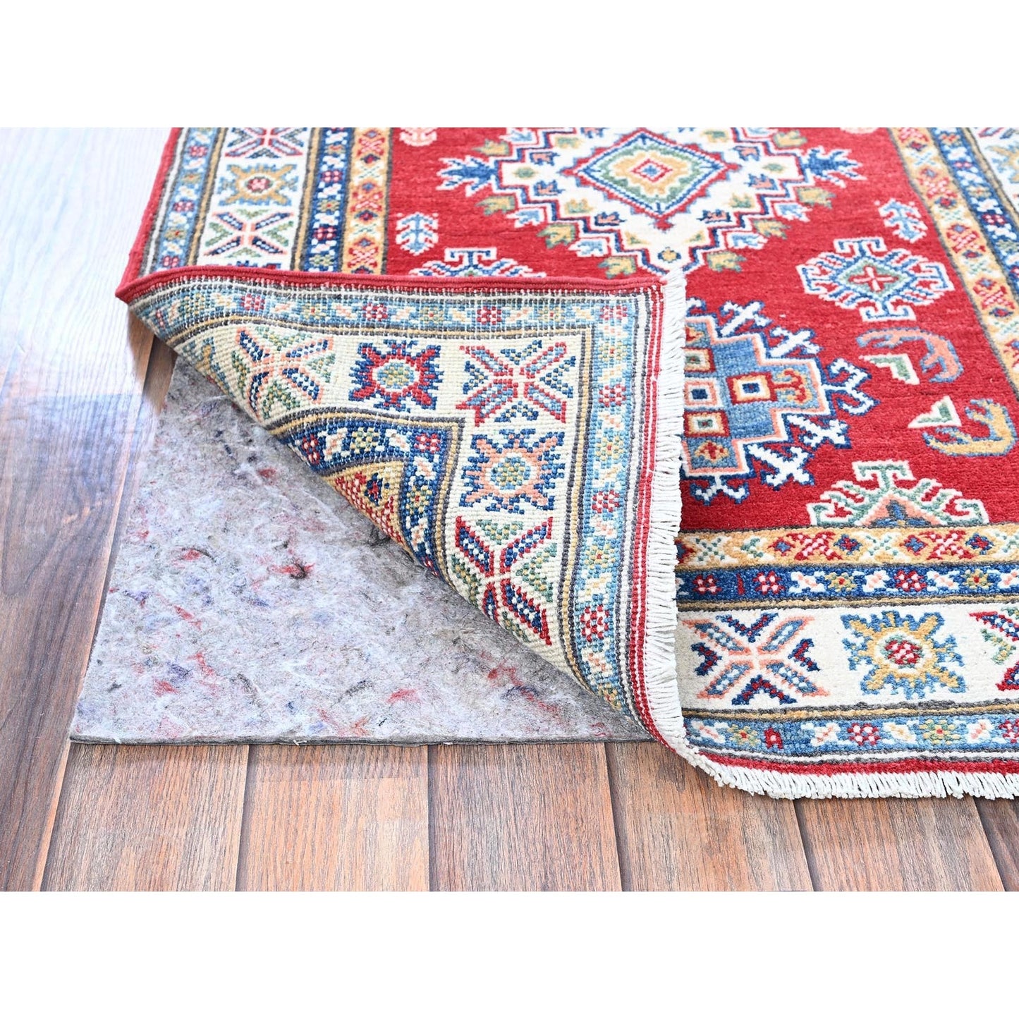 2'8"X8'2" Red Kazak With Medallions Design All Wool Hand Knotted Runner Rug