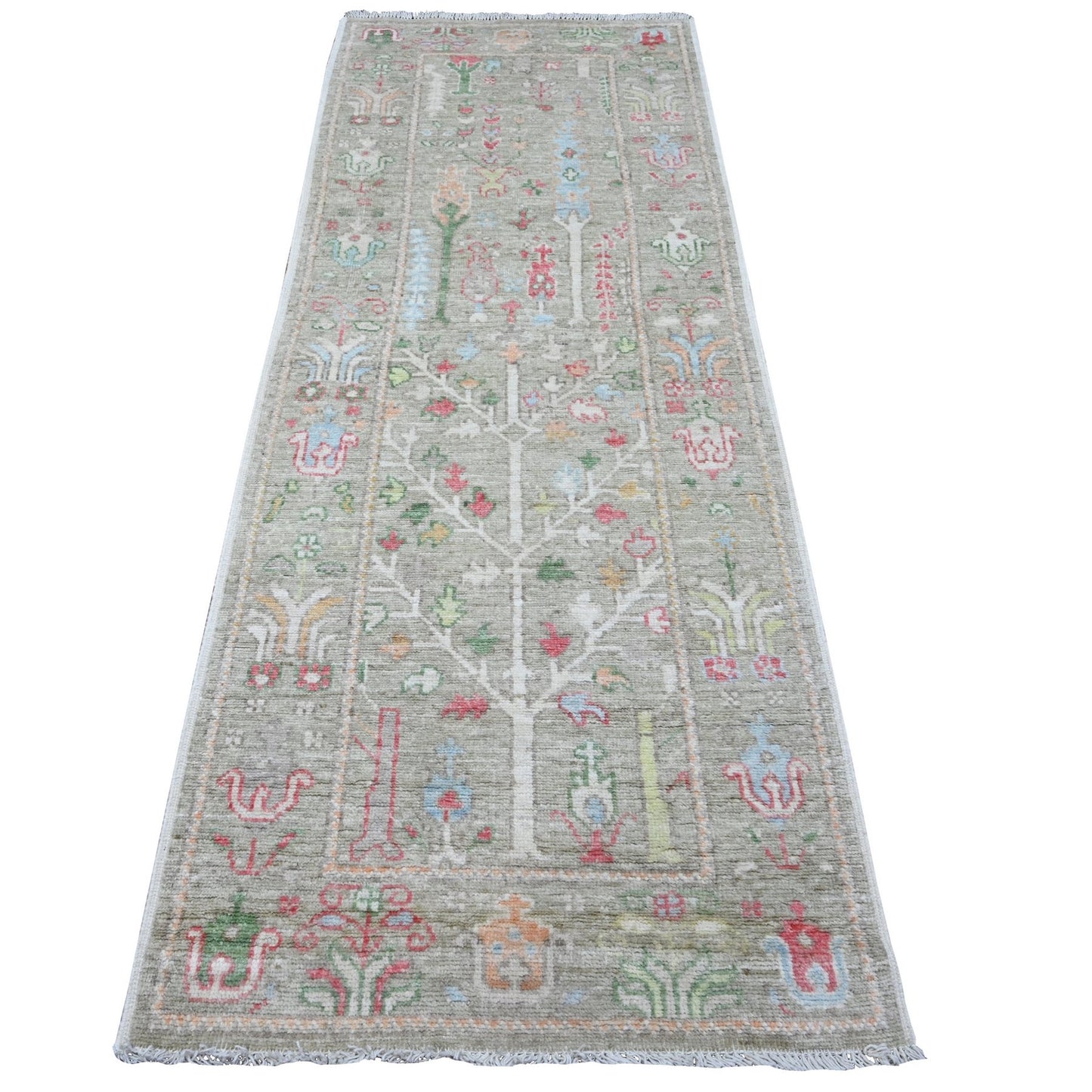 3'X8'1" Camouflage Green Runner Angora Oushak Hand Knotted Oriental Rug