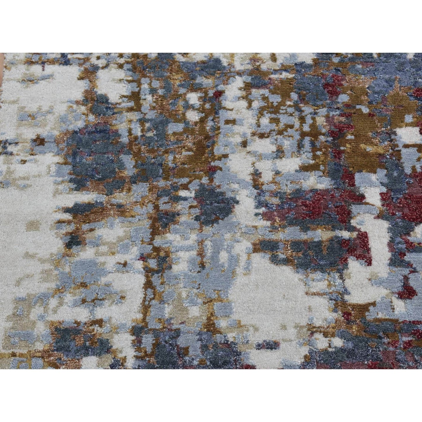 2'7"x8'1" Red Wool and Silk Abstract Design Hand Knotted Runner Rug