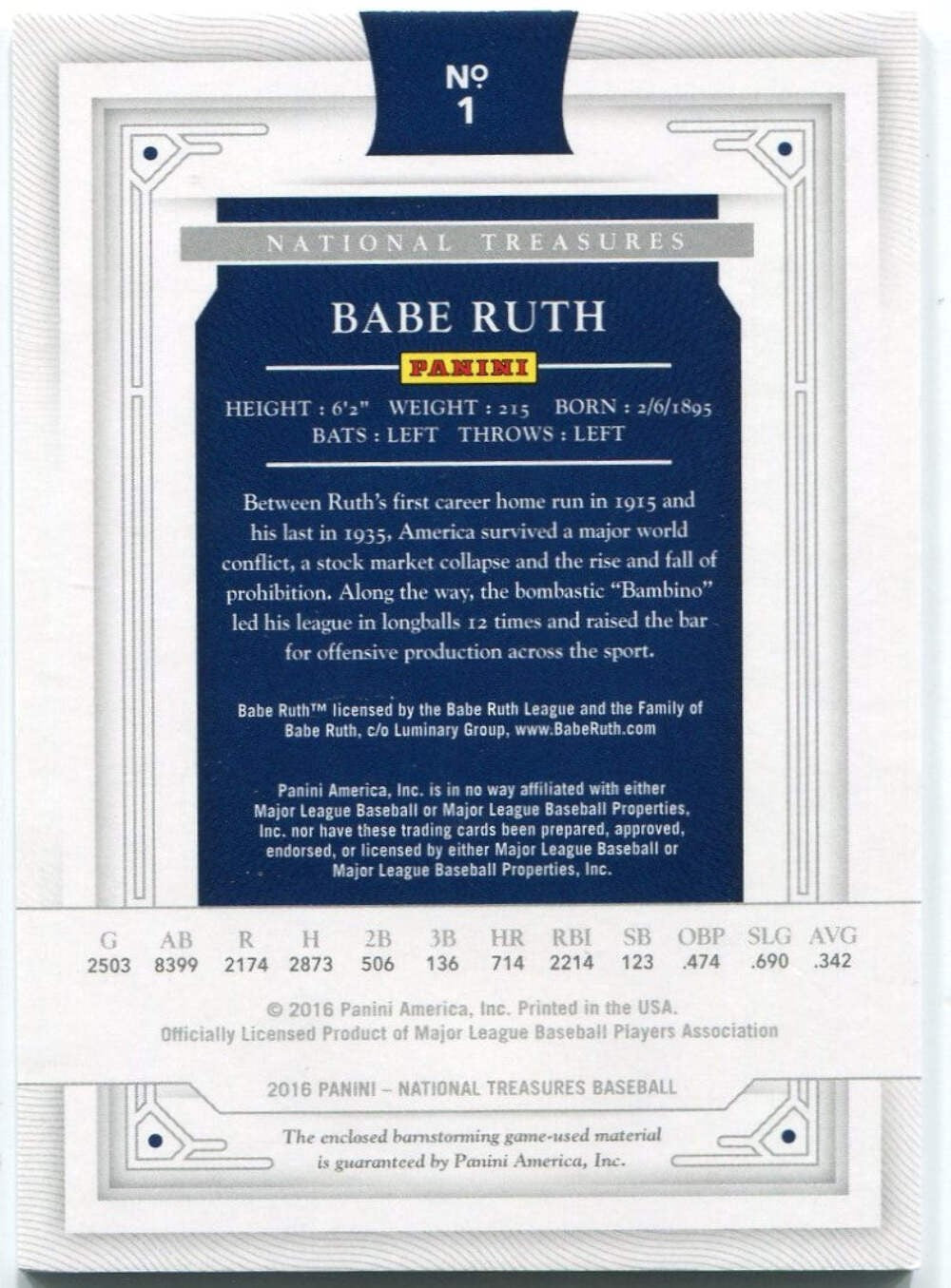Babe Ruth 2016 Panini National Treasures Bat Relic Card #1 3/25
