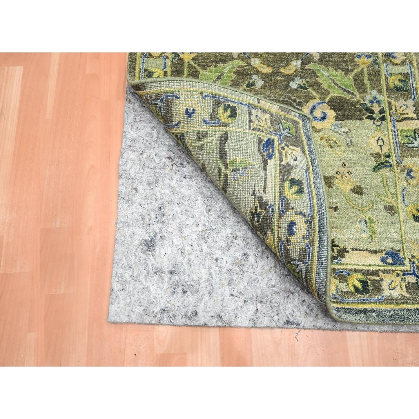 2'7"x10'5" Green Erased Zoroastrian Design Hand Knotted Wool Runner Rug