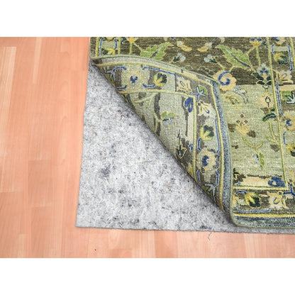 2'7"x10'5" Green Erased Zoroastrian Design Hand Knotted Wool Runner Rug
