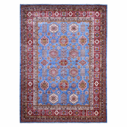 10'2"X13'8" Blue Hand Knotted Super Kazak All Over Motifs Oriental Rug