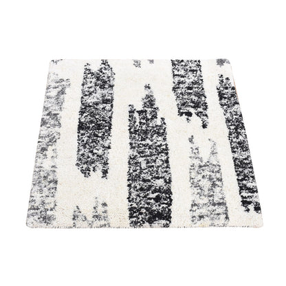 3'X3' Black Modern Erased Wool Hand Knotted Square Oriental Rug