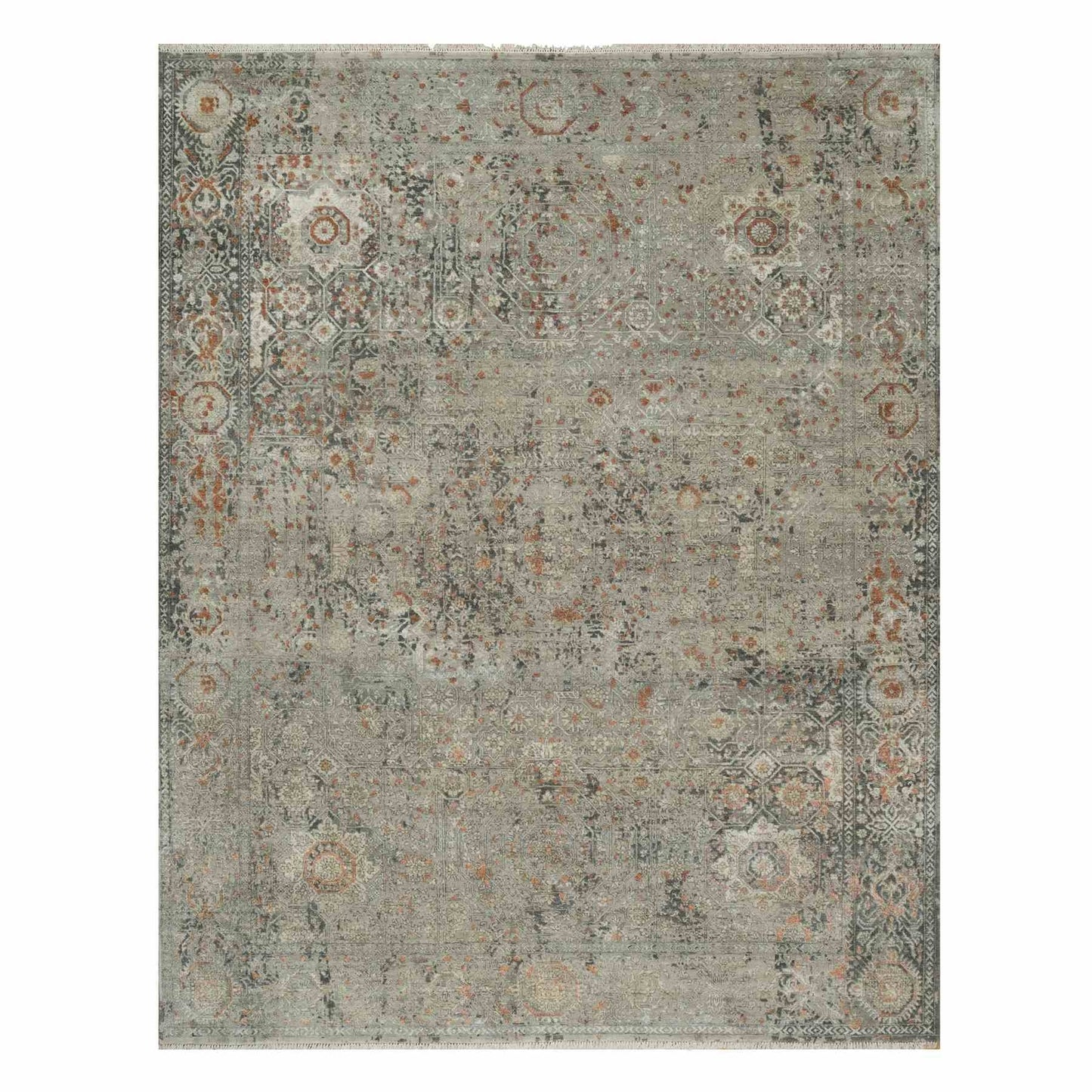 7'9"X10' Gray Broken And Erased Mamluk Design Hand Knotted 100% Wool Rug