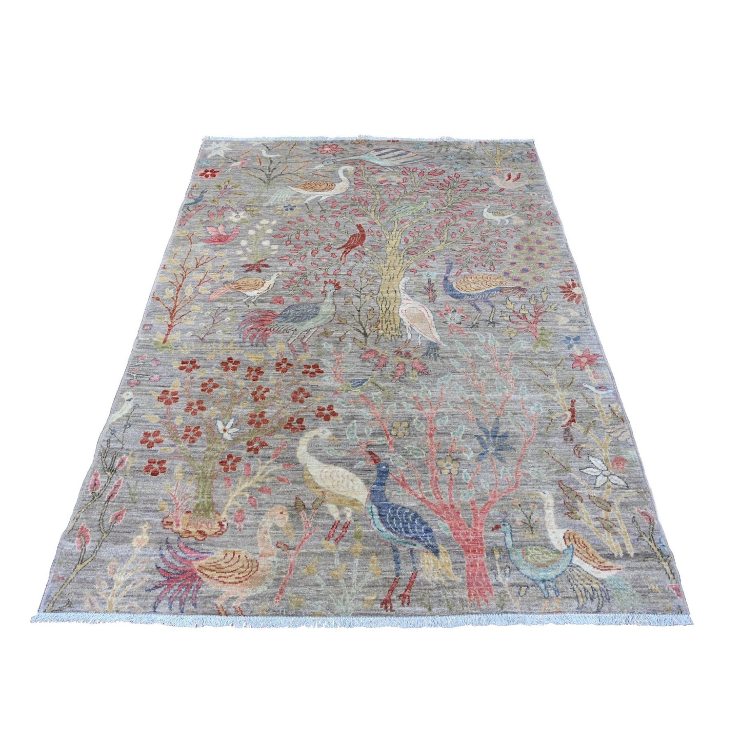 5'X6'9" Mink Gray Hand Knotted Afghan Peshawar Birds Design Soft Wool Rug