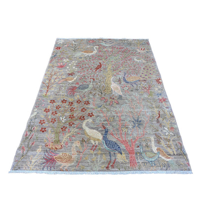 5'X6'9" Mink Gray Hand Knotted Afghan Peshawar Birds Design Soft Wool Rug