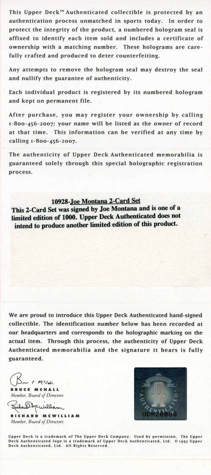 Joe Montana Autographed 1992 Upper Deck Card (Uda)