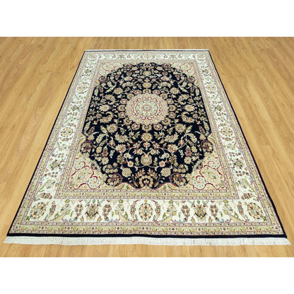7'9"X9'9" Dark Night Blue Nain Floral Design 250 Kpsi Hand Knotted Rug