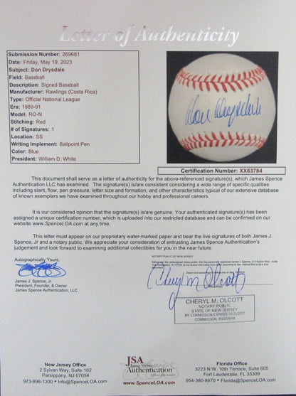 Don Drysdale Hof Autographed Onl Baseball Los