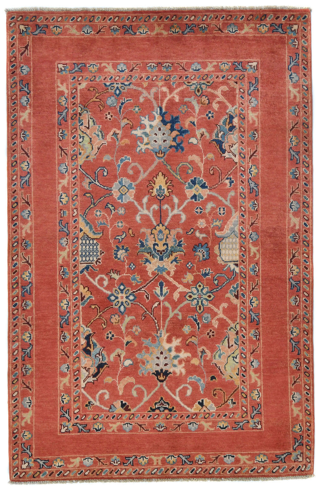 Orange Kazak Peshawar Rug 4X6 Ft Tribal Floral