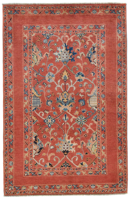 Orange Kazak Peshawar Rug 4X6 Ft Tribal Floral