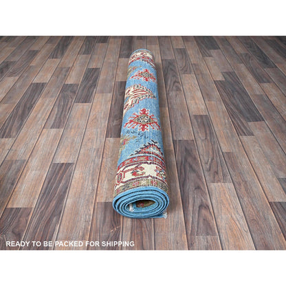 4'X6' Blue Kazak With Geometric Medallion Design Hand Knotted Soft Wool Rug