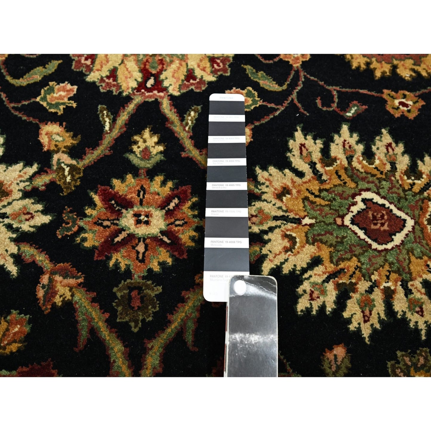 4'X15'9" Black Rajasthan Leaf Design Hand Knotted Wool & Silk Runner Rug