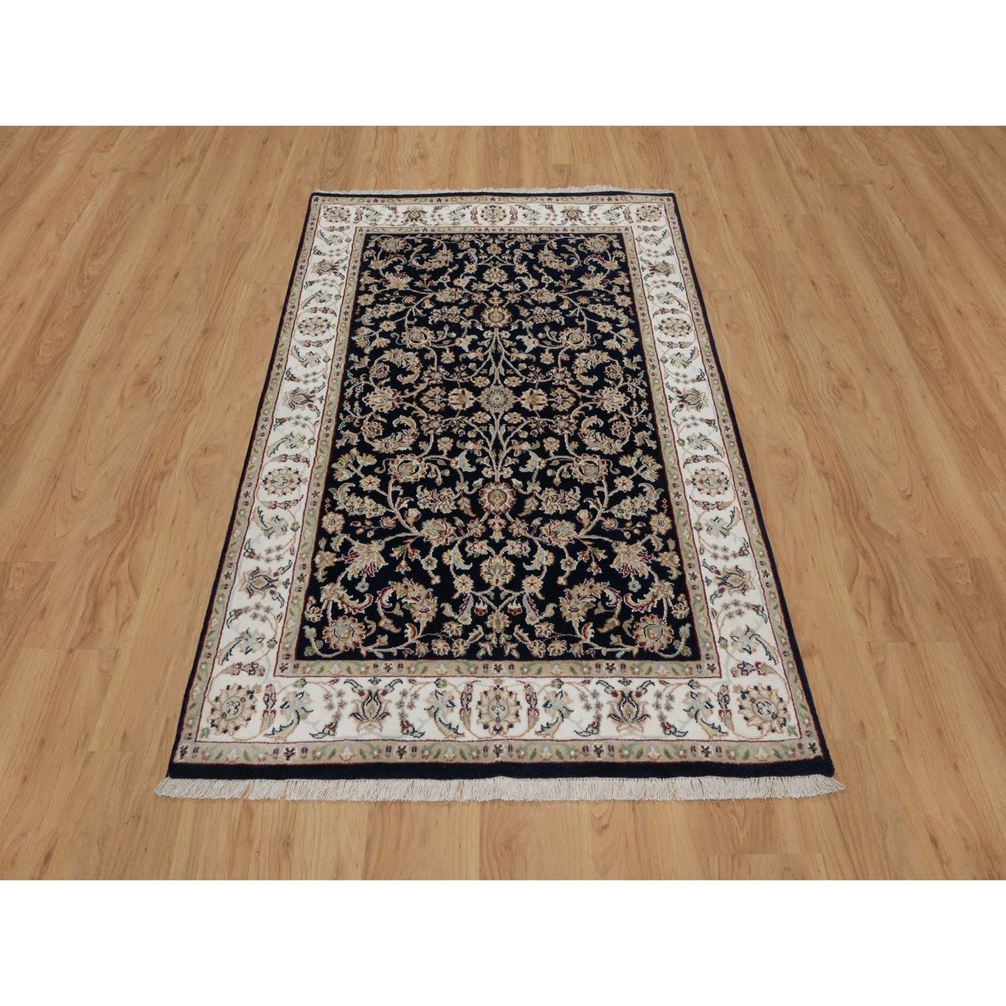 4'X6' Navy Blue Nain All Over Flower Design Wool & Silk Hand Knotted Rug