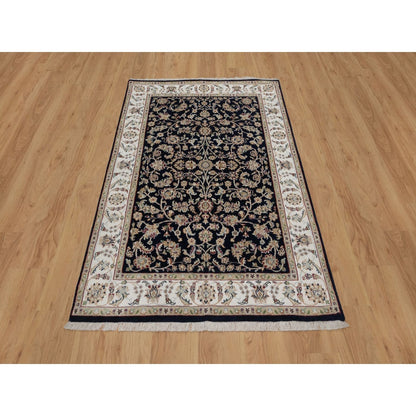 4'X6' Navy Blue Nain All Over Flower Design Wool & Silk Hand Knotted Rug