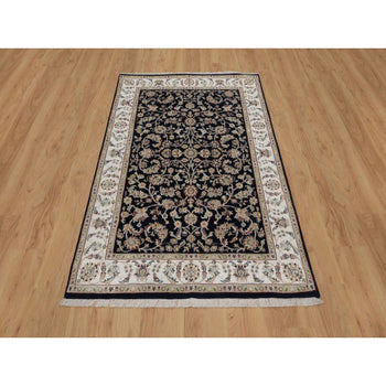 4'X6' Navy Blue Nain All Over Flower Design Wool & Silk Hand Knotted Rug