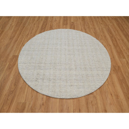 6'X6' Ivory Vertical Stripes Design Natural Wool Hand Loomed Round Rug