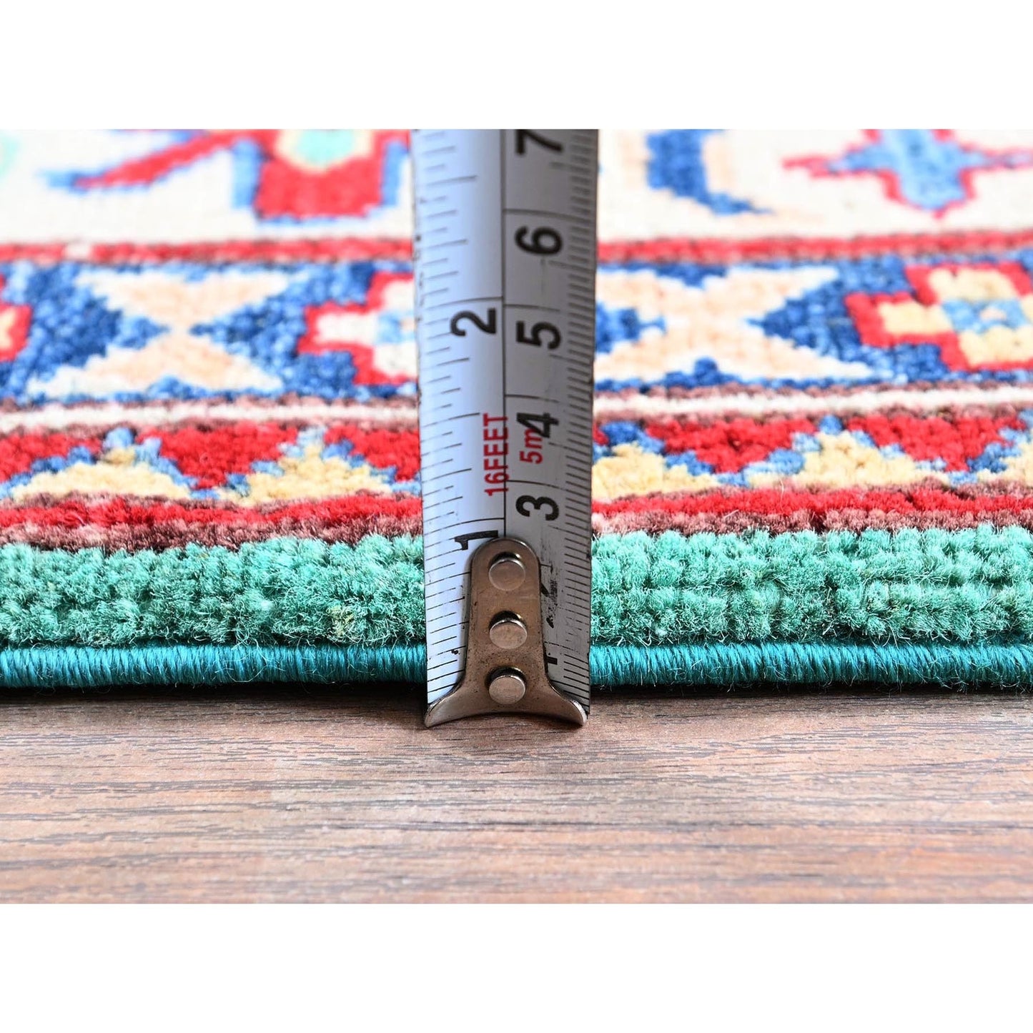 4'X5'10" Green Kazak With Tribal Medallions Design Wool Hand Knotted Rug