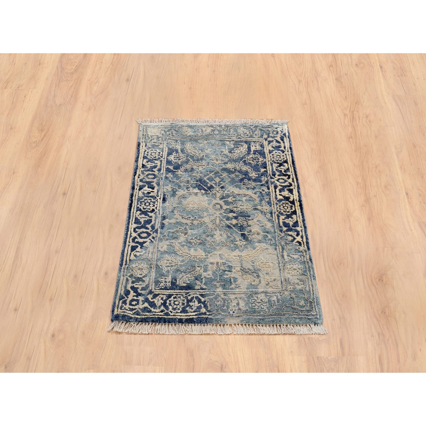2'X3' Blue-Teal Erased Wool And Silk Hand Knotted Broken Farsian Mat Rug