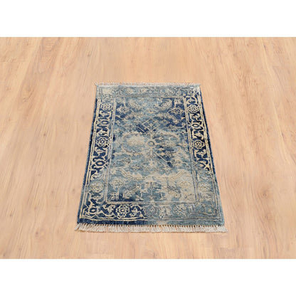 2'X3' Blue-Teal Erased Wool And Silk Hand Knotted Broken Farsian Mat Rug