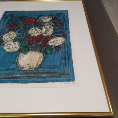 Framed Andre Cottavoz Roses On a Blue Background Lithograph Signed ED 133/ 150