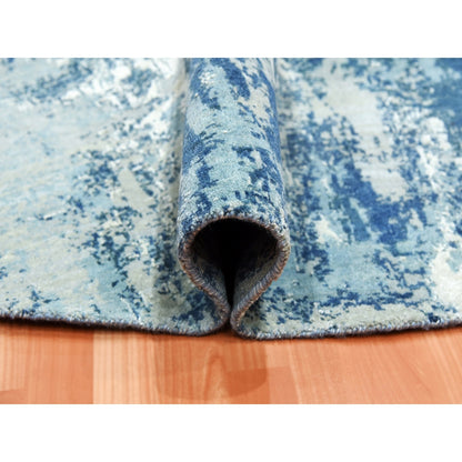 9'x9' Blue Hand Knotted Abstract Design Pure Silk and Wool Round Rug