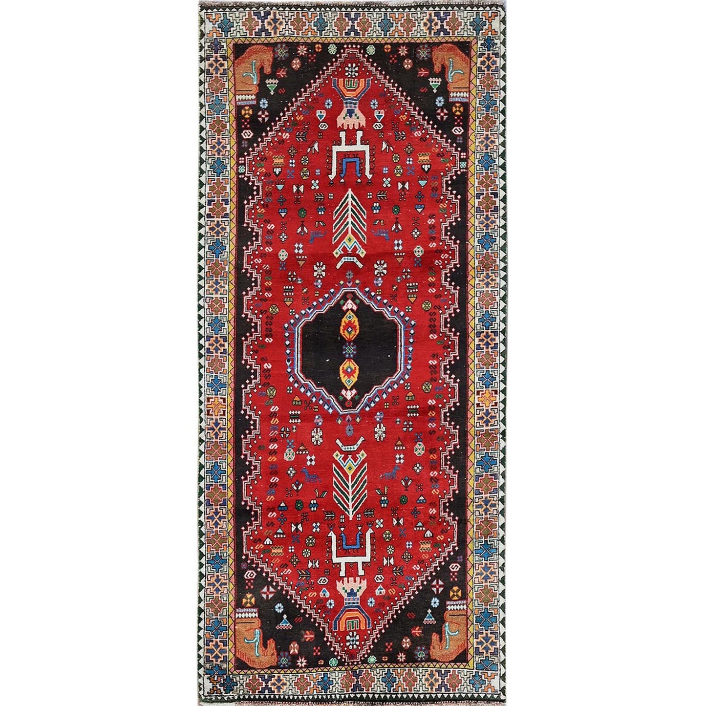 3'5"X8'2" Red Vintage Zoroastrian Sheeraz Hand Knotted Pure Wool Runner Rug
