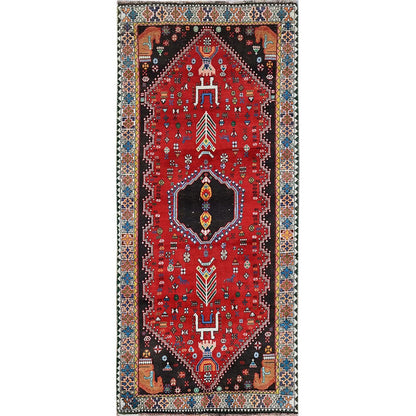 3'5"X8'2" Red Vintage Zoroastrian Sheeraz Hand Knotted Pure Wool Runner Rug