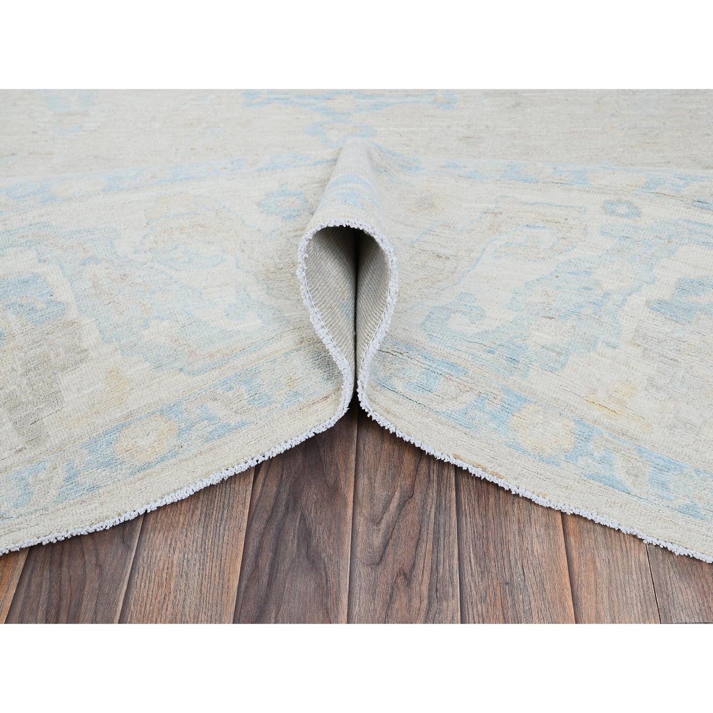 7'9"X9'10" Bone White Washed Out Peshawar Pure Wool Hand Knotted Rug