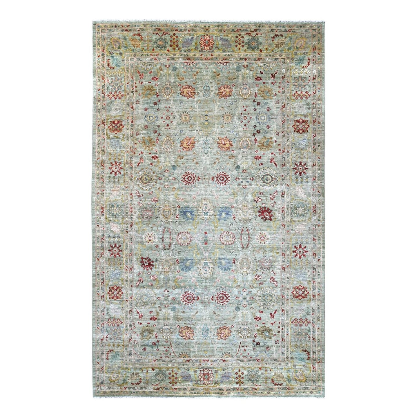 Hand knotted wool rug Green Peshawar design 7'3 x11'8" Ziegler Mahal