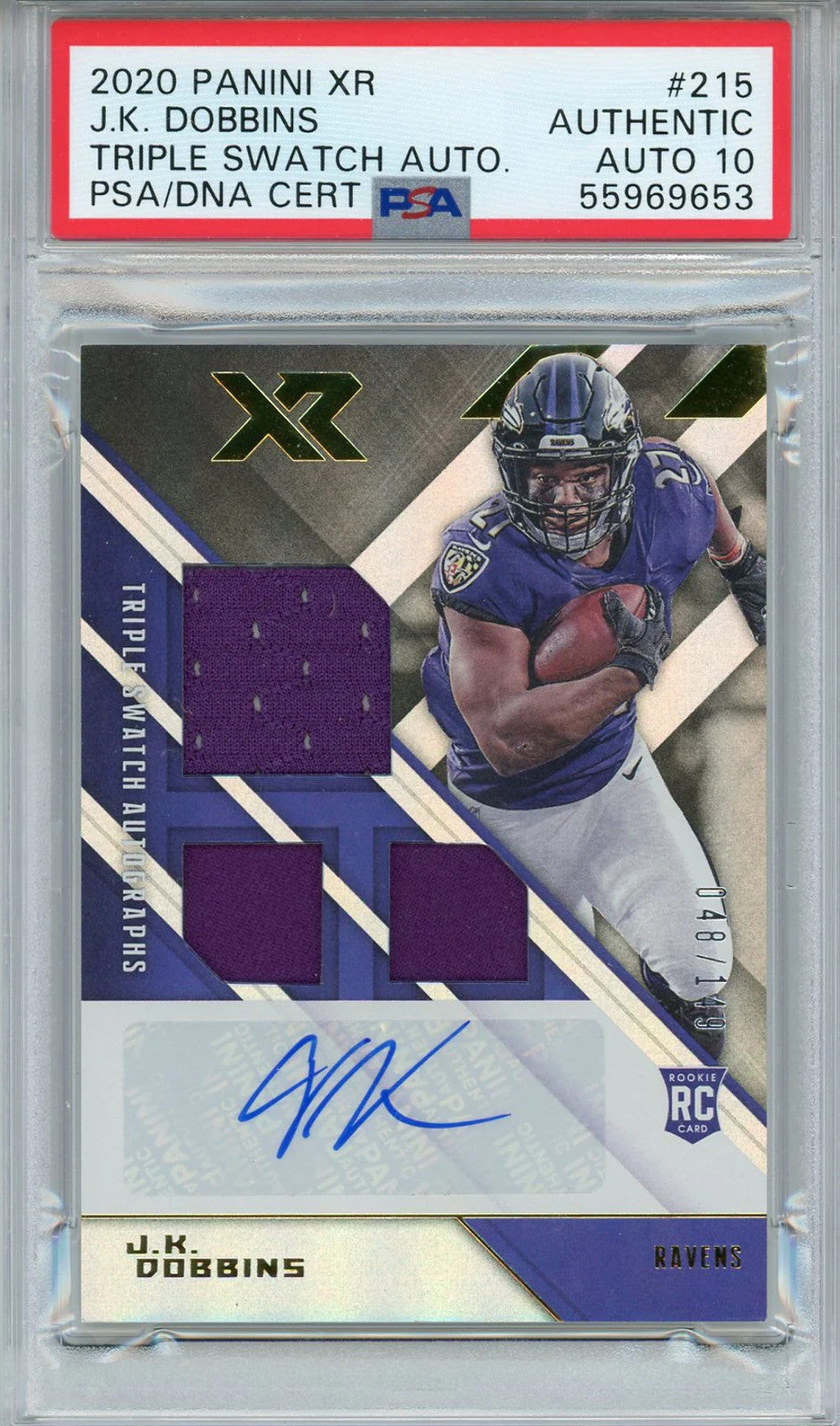 Jk Dobbins Autographed 2020 Panini Xr Triple Swatch Jersey Rookie Card (Psa Auto
