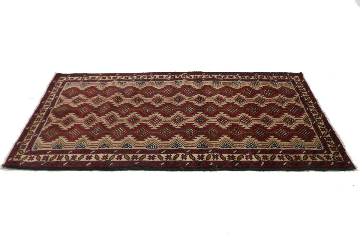 Handmade Vintage Oriental Rug 3'5X7 ft Tribal Geometric Style Foyer Area Carpet
