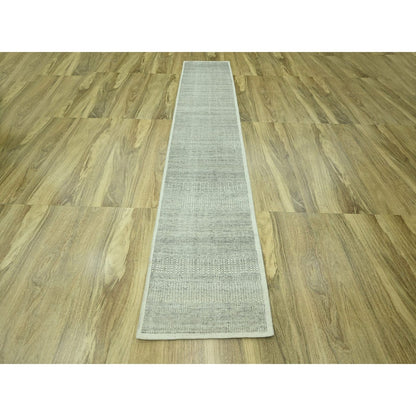 Runner 2'7"x12'1" Gray Hand Knotted Rug Oxidized Grass Design Wool