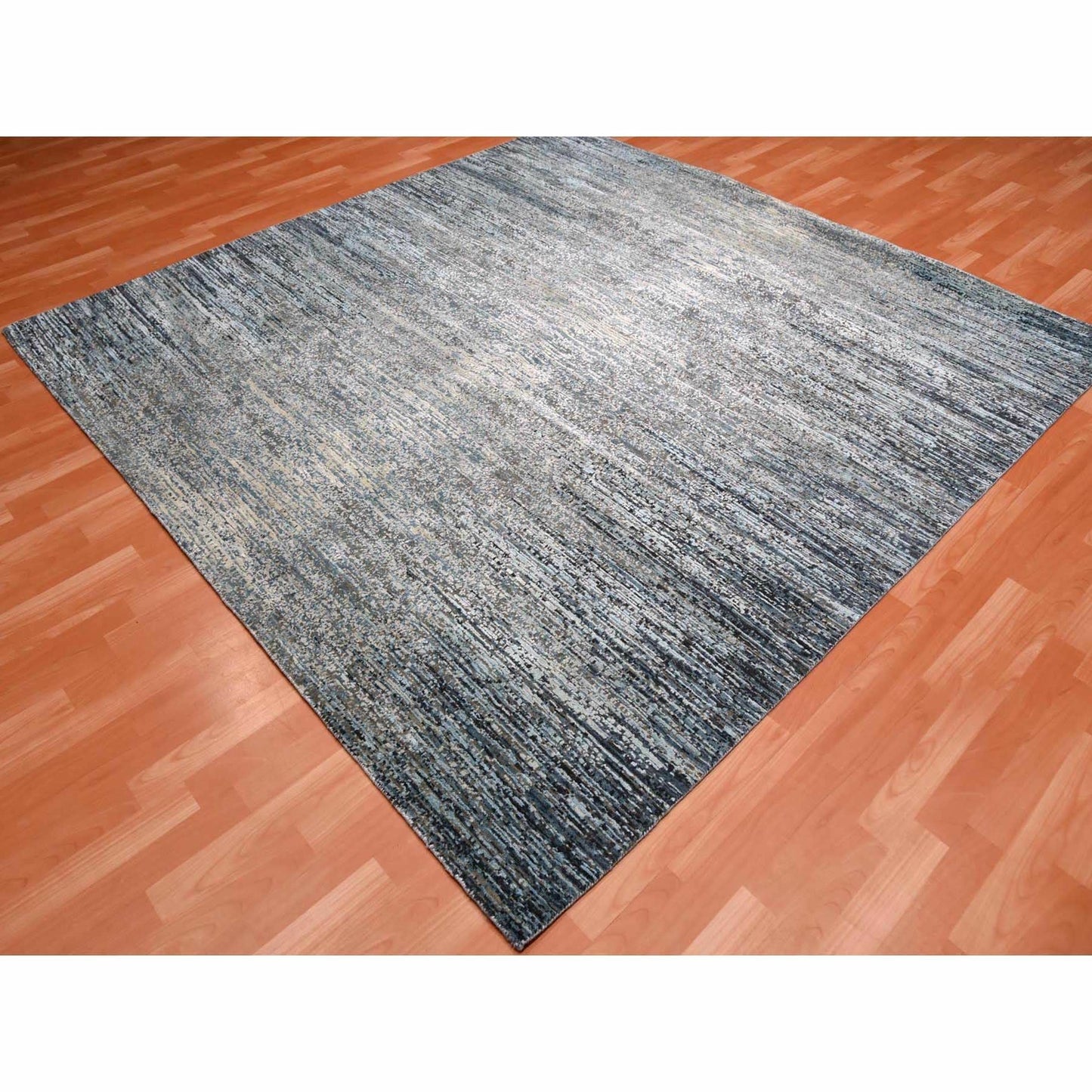 8'2"X8'2" Blue Oceanic Wool And Pure Silk Hand Knotted Square Rug