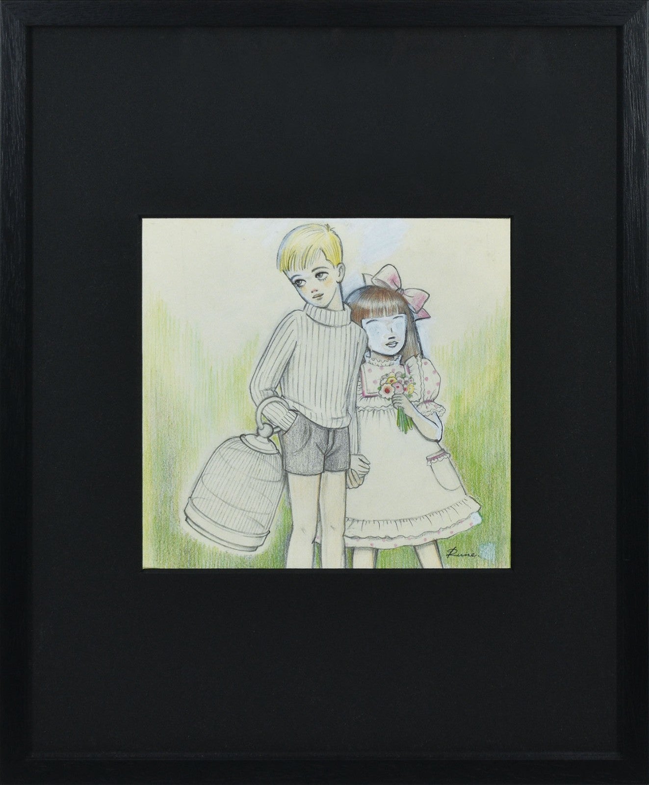 Rune Naito colored pencil on paper signature Boy and Girl with Birdcage Japanese