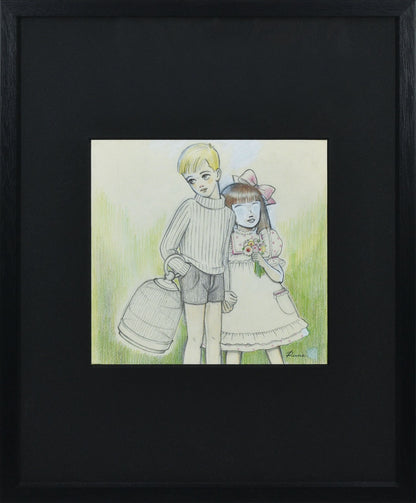 Rune Naito colored pencil on paper signature Boy and Girl with Birdcage Japanese