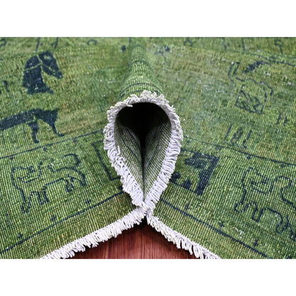 9'9"X13'8" Green Overdyed Peshawar Pazyryk Design Wool Hand Knotted Rug