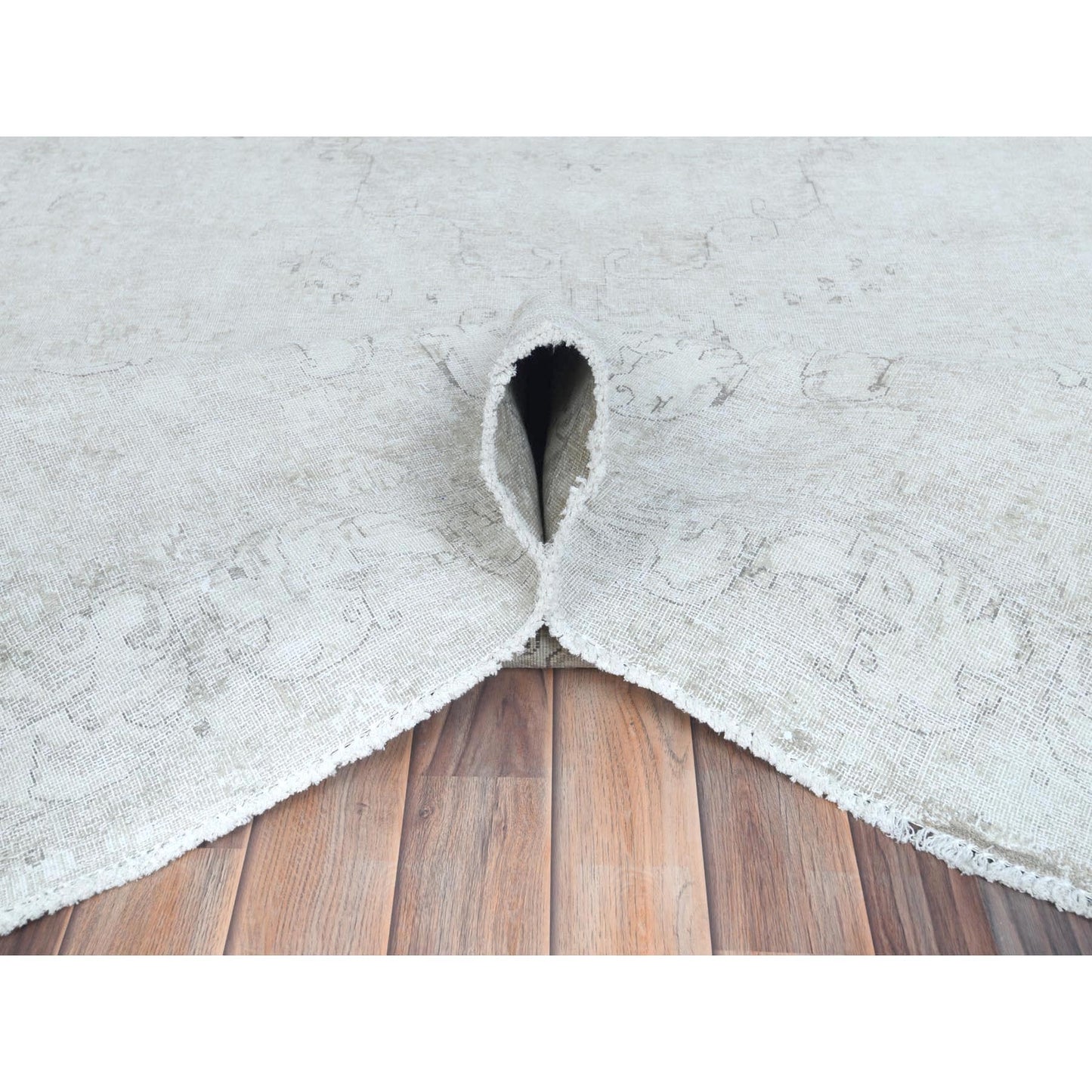 9'8"X12'5" Ivory Hand Knotted Worn Wool Distressed Vintage Farsian Rug