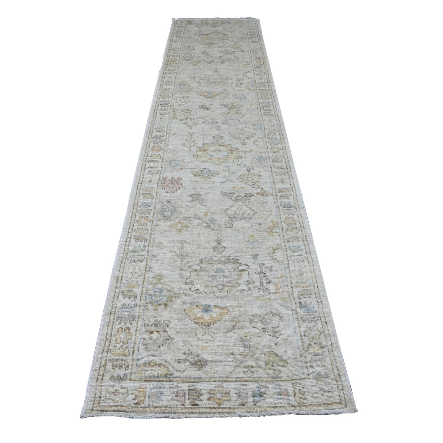 2'10"X12'7" White Angora Oushak Leaf Motifs Hand Knotted Wool Runner Rug