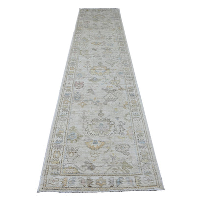 2'10"X12'7" White Angora Oushak Leaf Motifs Hand Knotted Wool Runner Rug