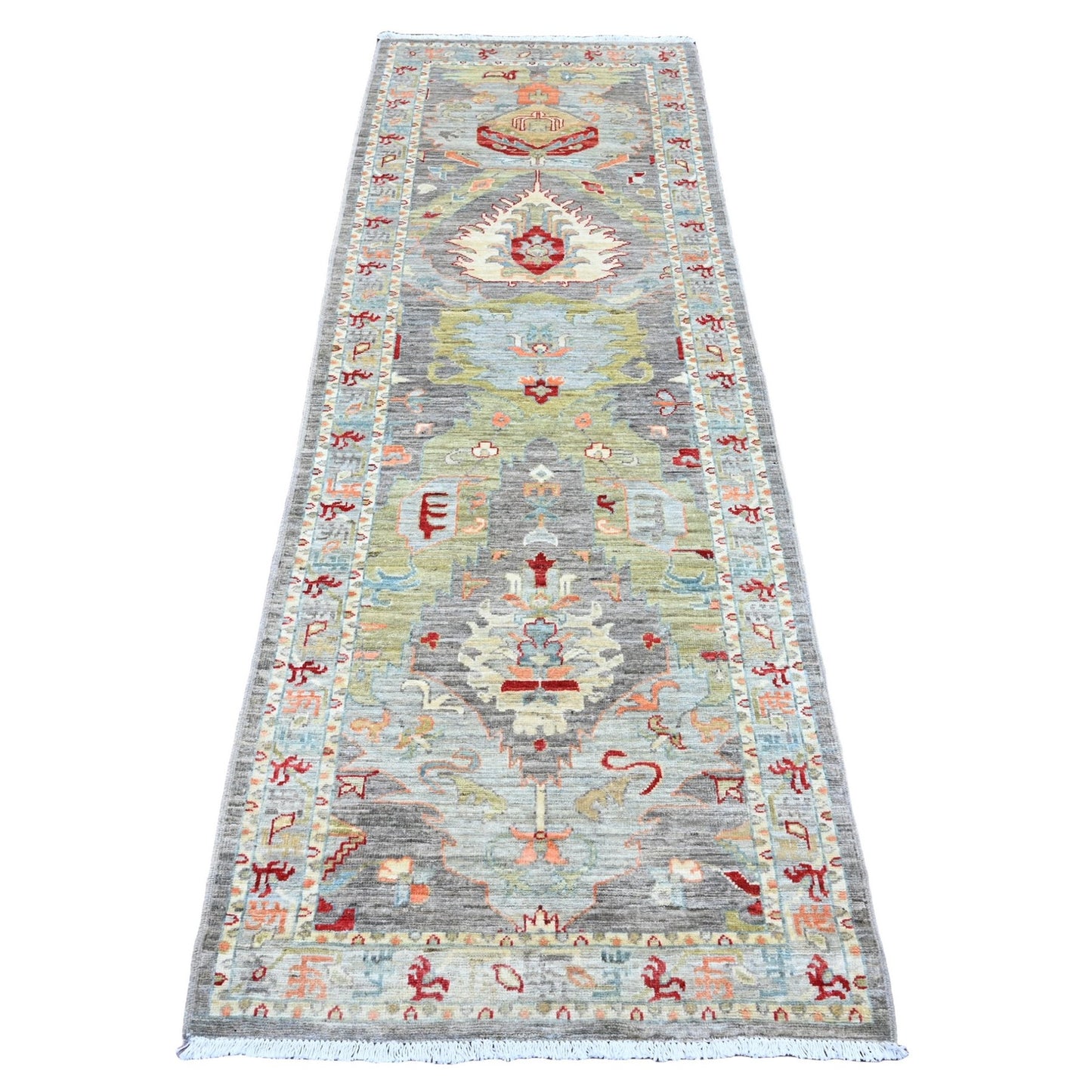 2'8"X7'8" Gray Heris With Dragon Design Pure Wool Hand Knotted Runner Rug