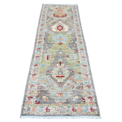 2'8"X7'8" Gray Heris With Dragon Design Pure Wool Hand Knotted Runner Rug