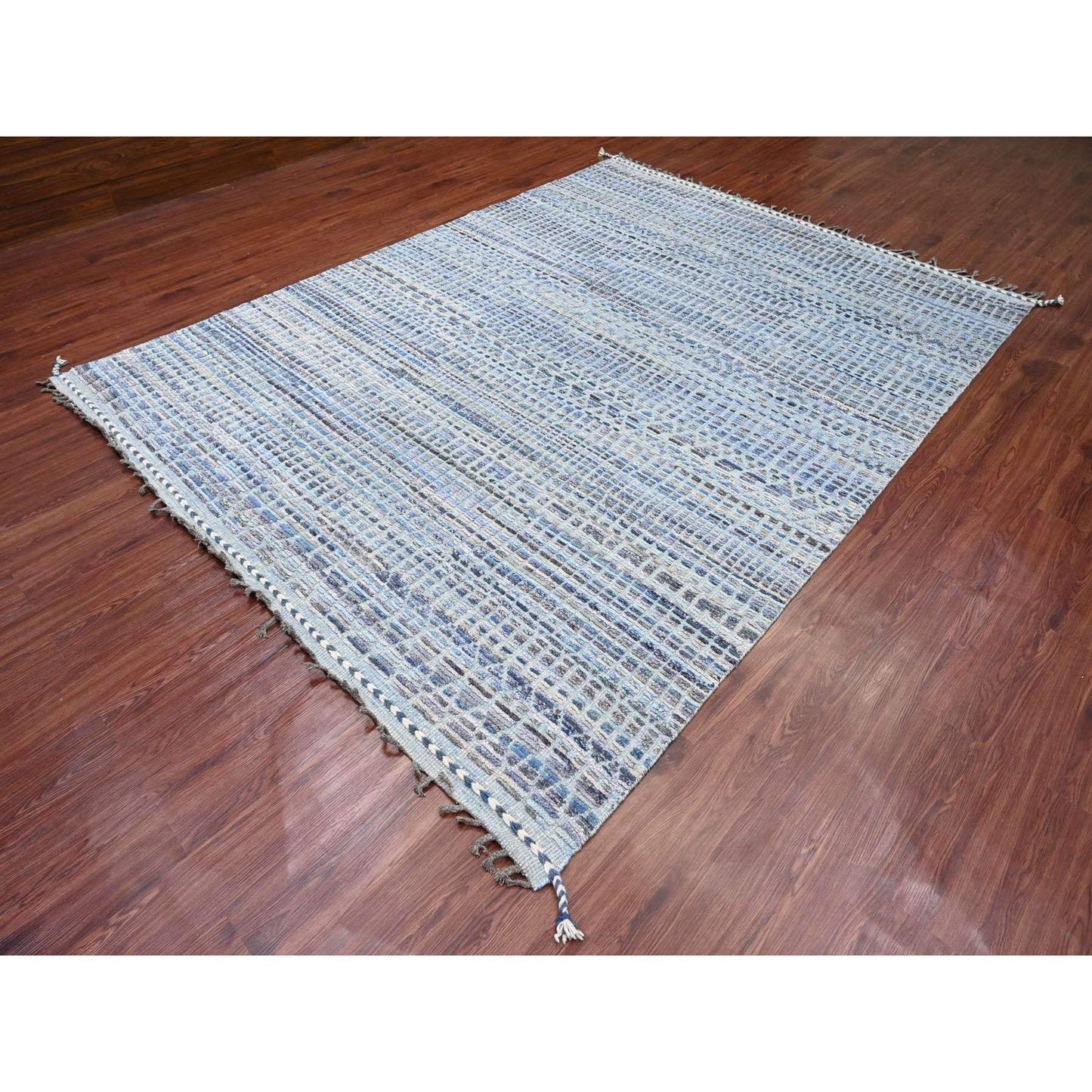 8'1"X10'8" Blue With Gray Moroccan Weave Hand Knotted Soft Wool Rug