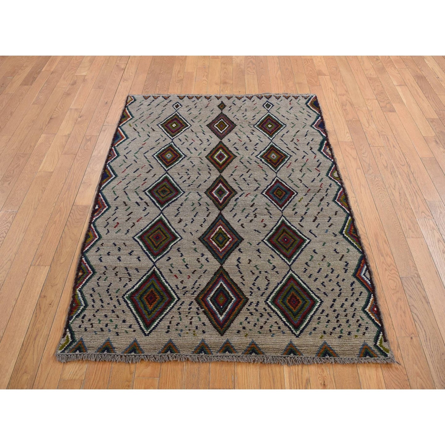 3'10"X5'8" Brown Afghan Balooch Geometric Design Hand Knotted Wool Rug