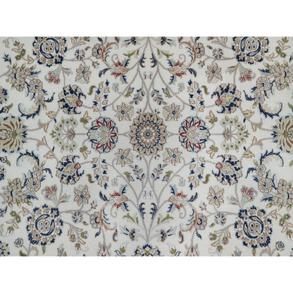 9'X12'1" White Hand Knotted Nain Flower Design Wool And Silk 250 Kpsi Rug