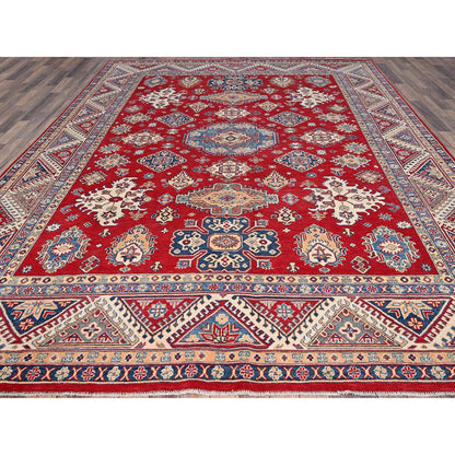 9'2"X11'6" Red Hand Knotted Soft Wool Kazak Tribal Motifs Oriental Rug
