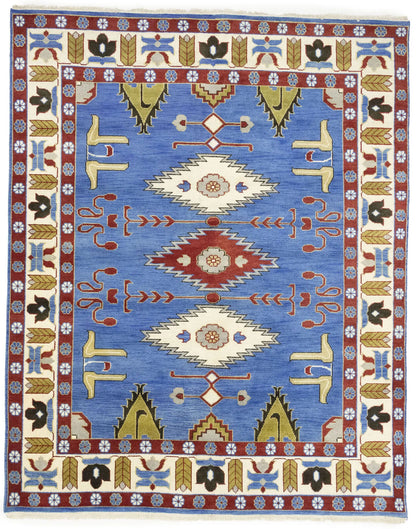 Farmho Boho Blue Geometric Kazak Oriental Rug